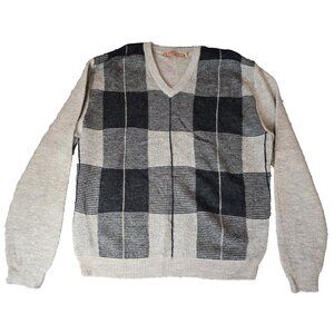 Luxury KUNA 100% Baby Alpaca Plaid V-Neck Sweater Size M Soft Warm Made Peru